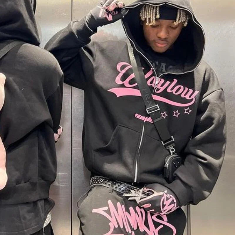 Texture splicing embroidery niche black hooded sweatshirt American retro high street fashion brand double zipper sweatshirt