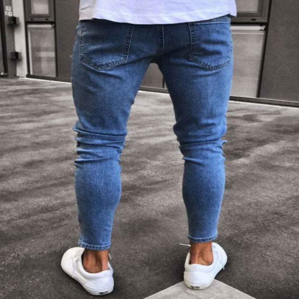 White Embroidery Skinny Ripped Jeans Men Cotton Stretchy Hole Slim Fit Hip Hop Denim Pants Casual Jeans for Men Jogging Trousers