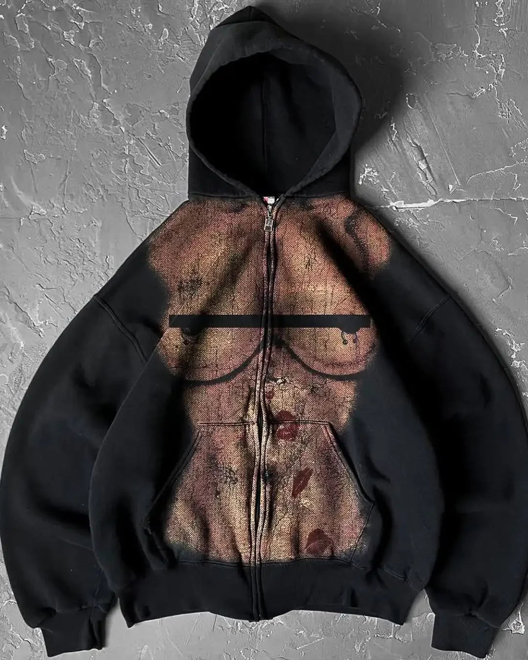 Texture splicing embroidery niche black hooded sweatshirt American retro high street fashion brand double zipper sweatshirt