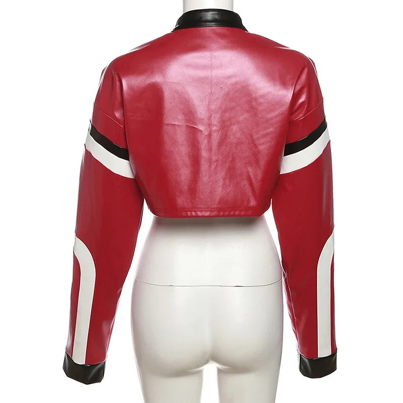 Women Crop Coat New Streetwear Fashion Letter Print Autumn Casual Sporty Wild Clothing Uniform Trend Female Faux Leather Jacket