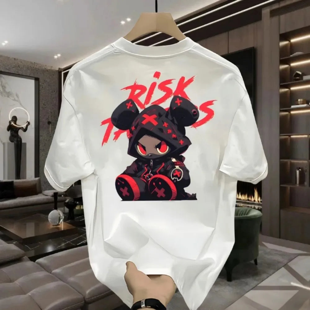 Hot selling men's high street cartoon printed polyester micro elastic breathable round neck T-shirt outdoor urban fashion top