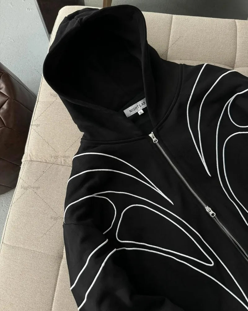 Texture splicing embroidery niche black hooded sweatshirt American retro high street fashion brand double zipper sweatshirt