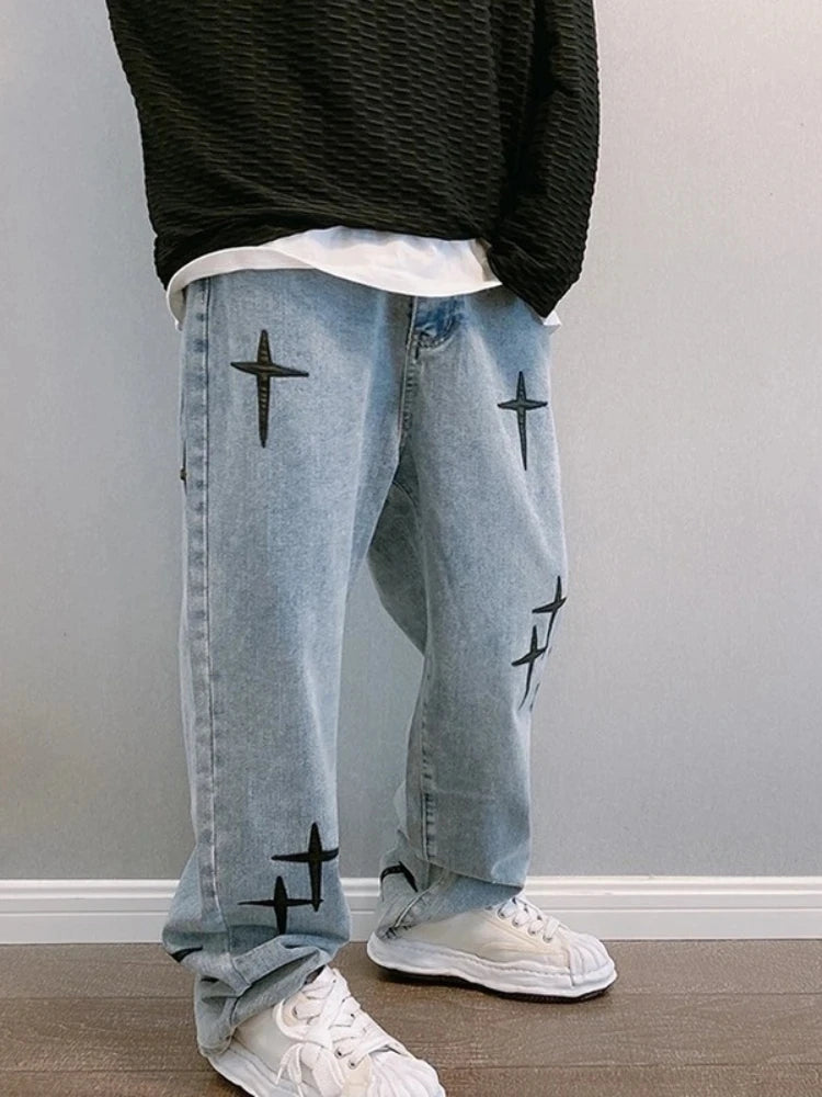 New Baggy Men's Jeans Embroidery Fashion Loose Denim Pants Streetwear Hip Hop Straight Wide Leg Trousers Casual Men Clothing
