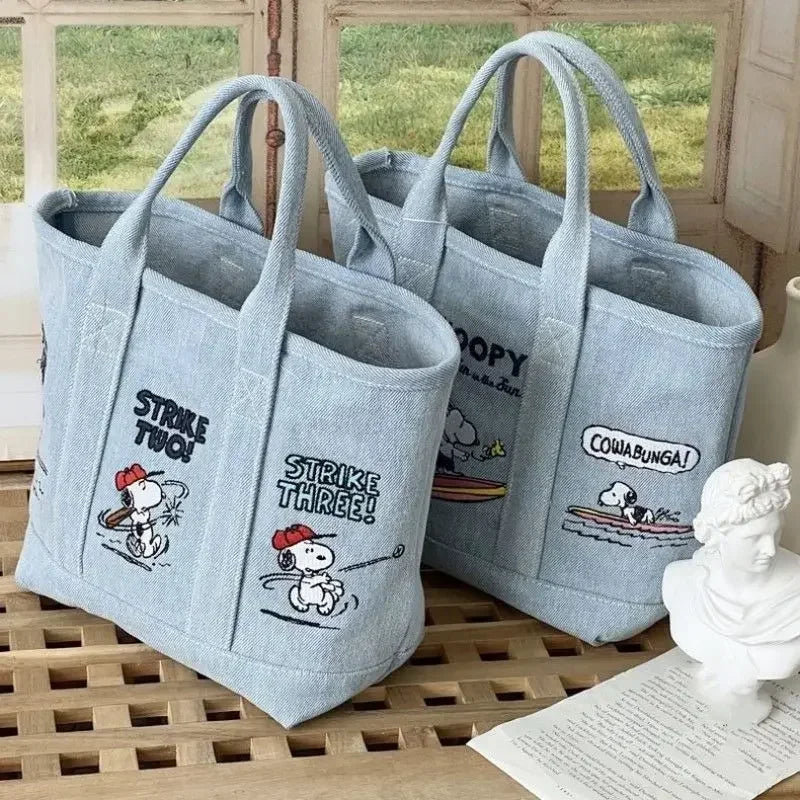 Snoopy Cute Kawaii Embroidered Canvas Mom Bag Lunch Office Bag Girls Student Outing Large Capacity Cartoon Print Handbag
