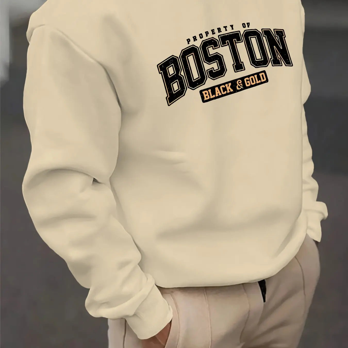 Men's autumn and winter fashionable casual loose Boston black golden letter graphic fleece long sleeved round neck sweatshirt