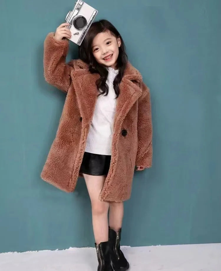 2025 New Winter Clothes for Girls Trench Coat Shorn Sheepskin Solid Color Long Overcoat Unisex Thicken Fur Turn Down Coolar