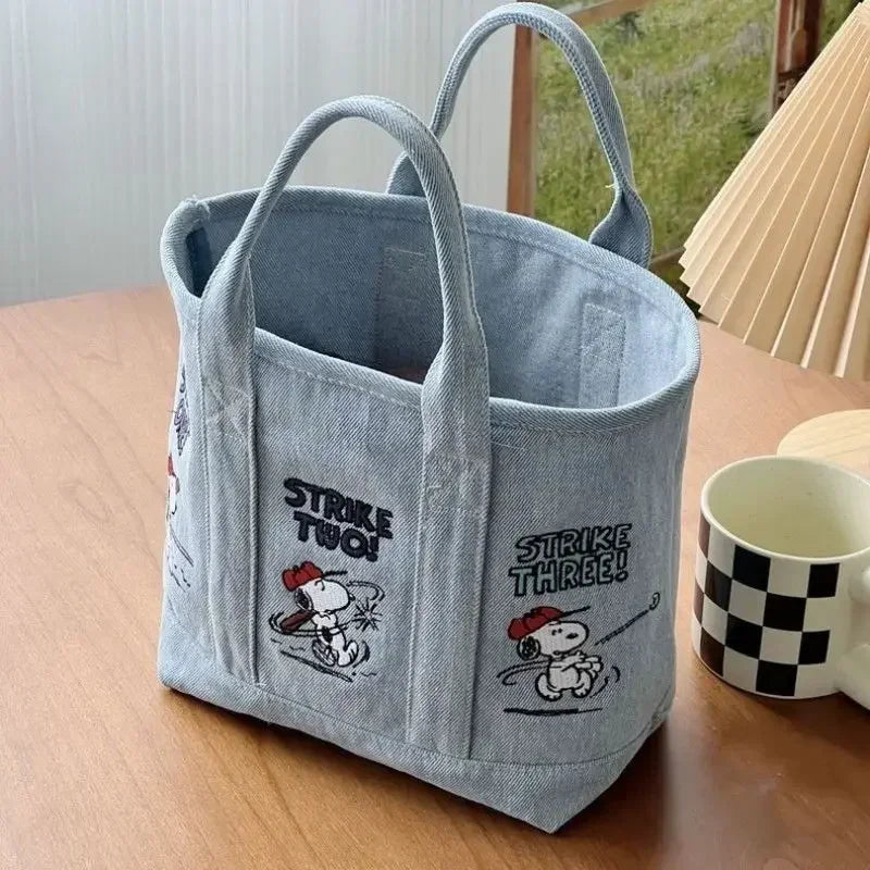 Snoopy Cute Kawaii Embroidered Canvas Mom Bag Lunch Office Bag Girls Student Outing Large Capacity Cartoon Print Handbag