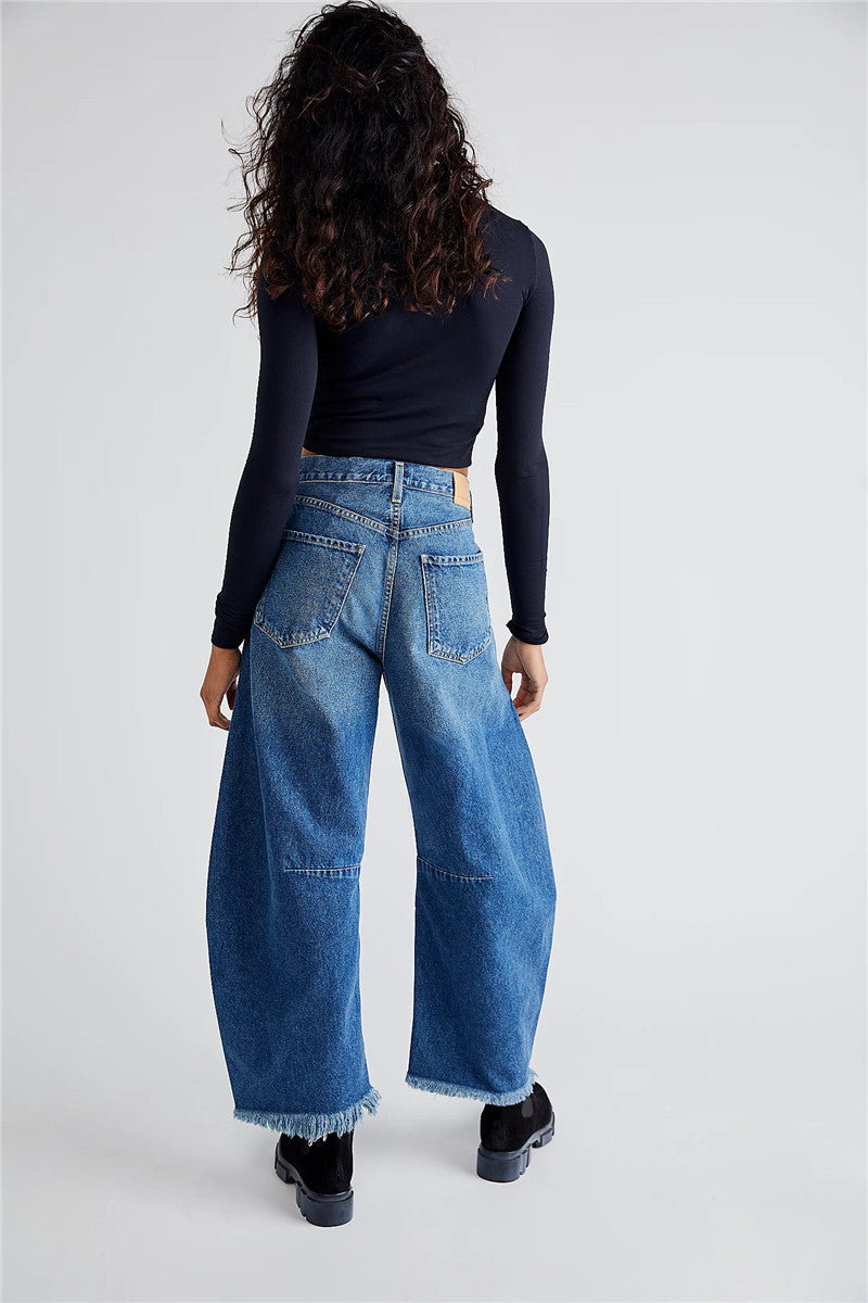 Women's Baggy Vintage Boyfriend Jeans Wide Leg Mid Rise Barrel Cropped Raw Hem Denim Ankle Pants Fashion Streetwear