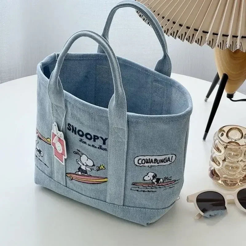 Snoopy Cute Kawaii Embroidered Canvas Mom Bag Lunch Office Bag Girls Student Outing Large Capacity Cartoon Print Handbag