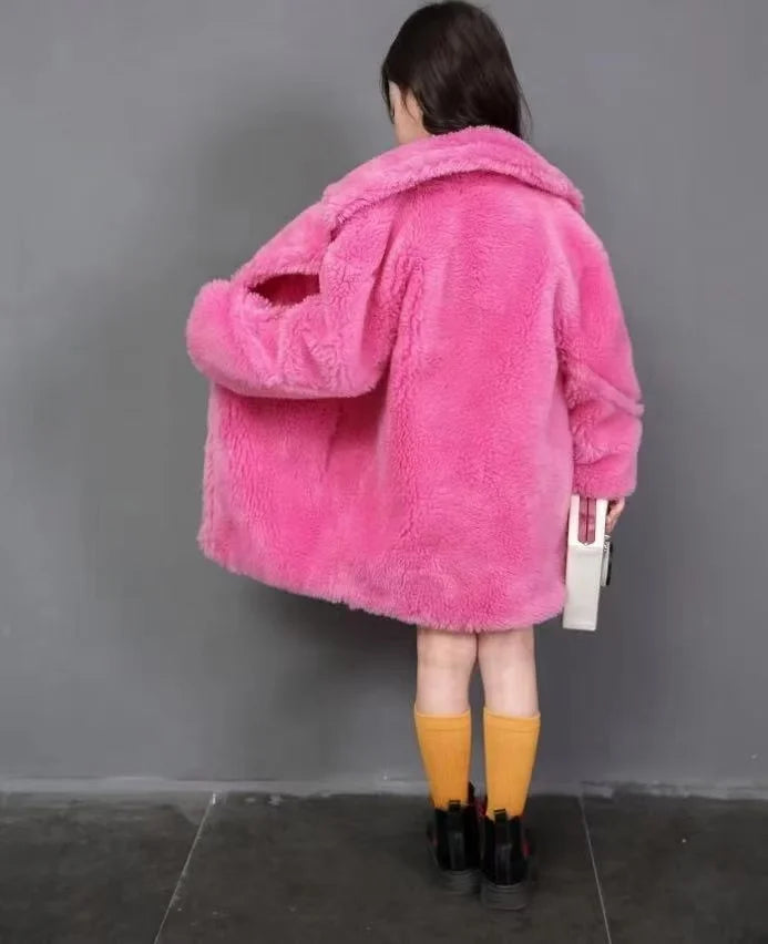 2025 New Winter Clothes for Girls Trench Coat Shorn Sheepskin Solid Color Long Overcoat Unisex Thicken Fur Turn Down Coolar