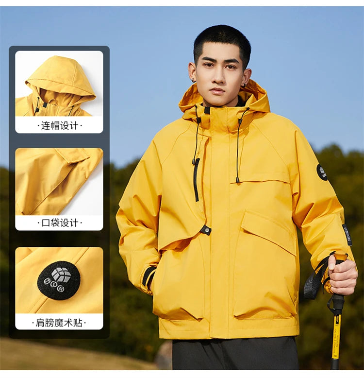 Men’s Hooded Outdoor Windbreaker Jacket Windproof Coats Warm Tactical Coat with Multi Pockets for Hiking Camping Travel Autumn