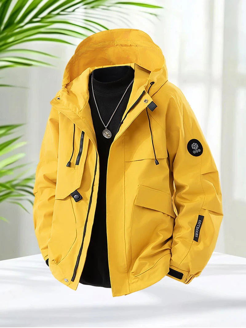Men’s Hooded Outdoor Windbreaker Jacket Windproof Coats Warm Tactical Coat with Multi Pockets for Hiking Camping Travel Autumn