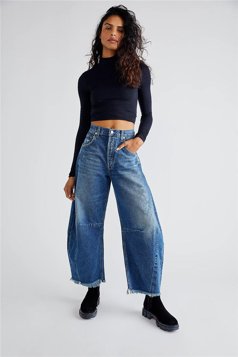 Women's Baggy Vintage Boyfriend Jeans Wide Leg Mid Rise Barrel Cropped Raw Hem Denim Ankle Pants Fashion Streetwear