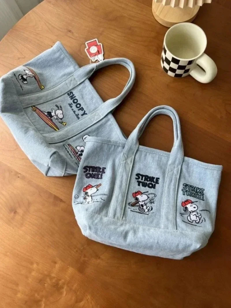 Snoopy Cute Kawaii Embroidered Canvas Mom Bag Lunch Office Bag Girls Student Outing Large Capacity Cartoon Print Handbag