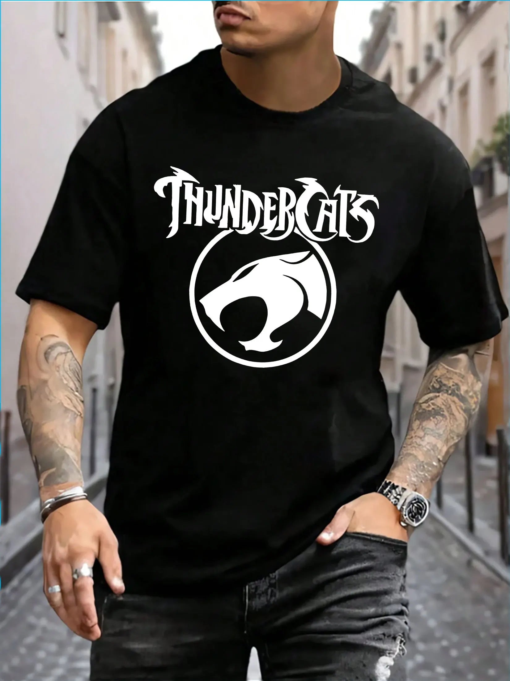 Men s  Women s Urban Casual Short Sleeve T Shirt   ThunderCats Graphic Print  Vibrant Blue  Regular Fit  3 Season Comfort