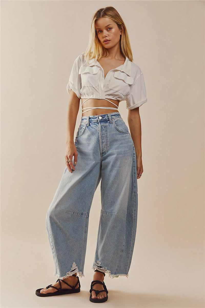 Women's Baggy Vintage Boyfriend Jeans Wide Leg Mid Rise Barrel Cropped Raw Hem Denim Ankle Pants Fashion Streetwear