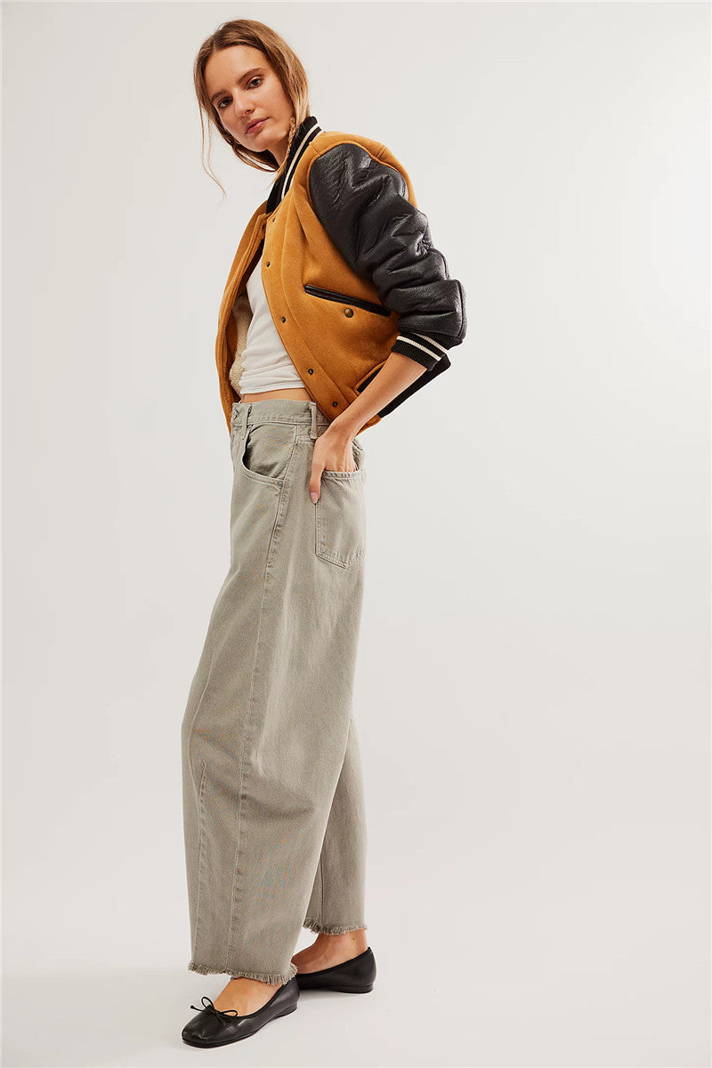 Women's Baggy Vintage Boyfriend Jeans Wide Leg Mid Rise Barrel Cropped Raw Hem Denim Ankle Pants Fashion Streetwear