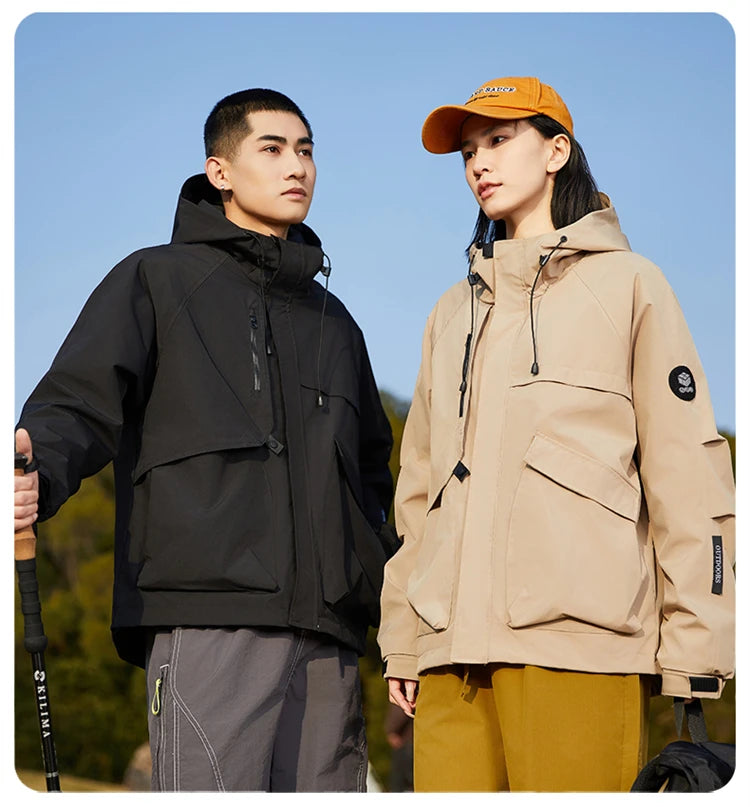 Men’s Hooded Outdoor Windbreaker Jacket Windproof Coats Warm Tactical Coat with Multi Pockets for Hiking Camping Travel Autumn