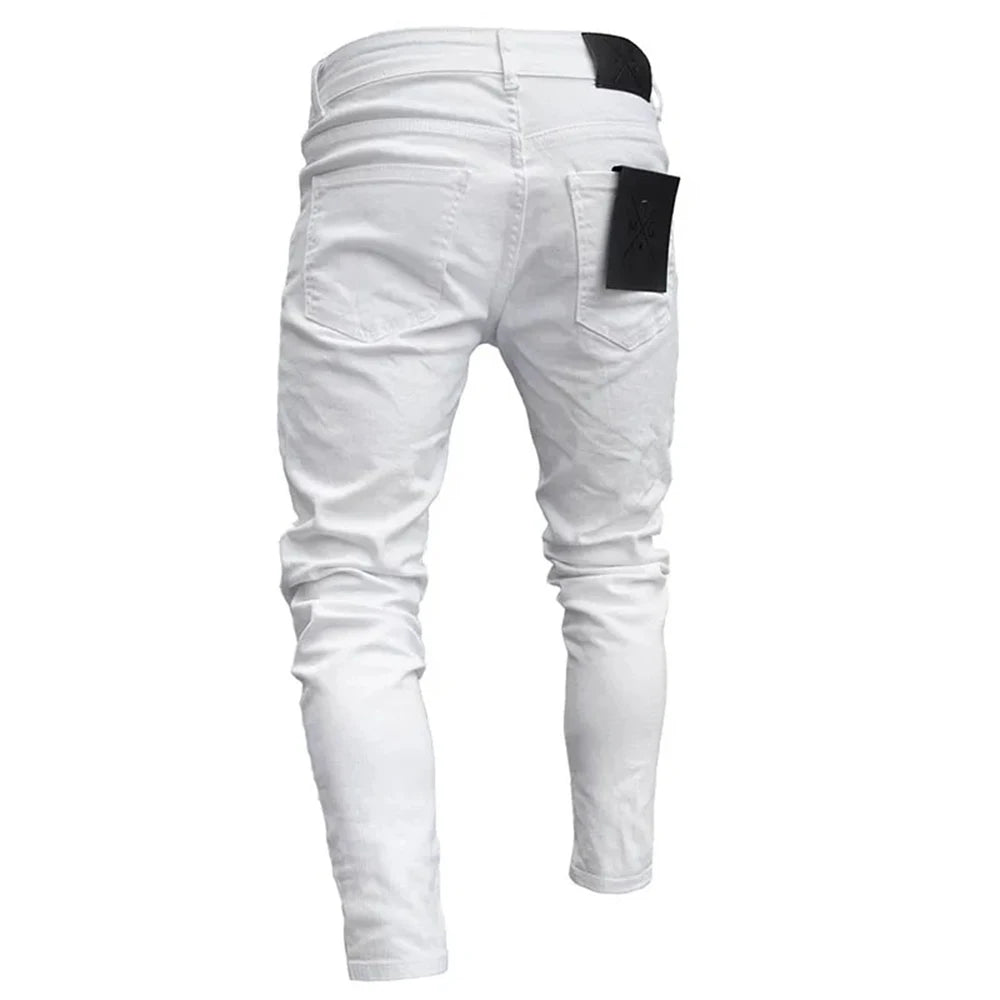 White Embroidery Skinny Ripped Jeans Men Cotton Stretchy Hole Slim Fit Hip Hop Denim Pants Casual Jeans for Men Jogging Trousers
