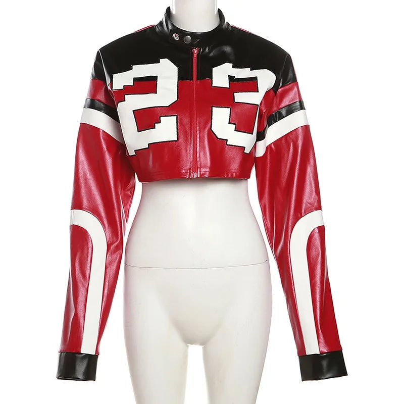 Women Crop Coat New Streetwear Fashion Letter Print Autumn Casual Sporty Wild Clothing Uniform Trend Female Faux Leather Jacket