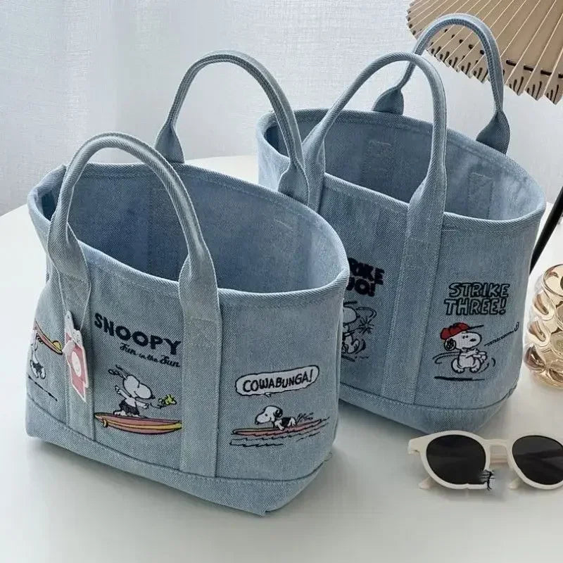 Snoopy Cute Kawaii Embroidered Canvas Mom Bag Lunch Office Bag Girls Student Outing Large Capacity Cartoon Print Handbag