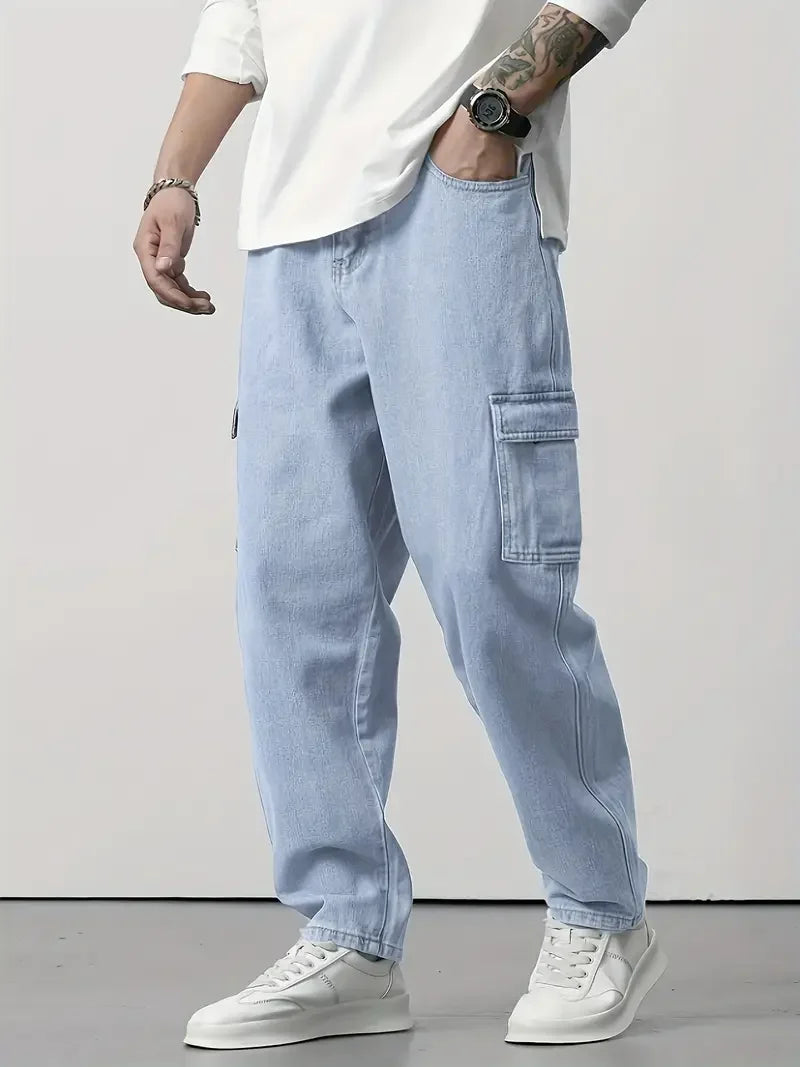 Men's Light Blue Straight-Leg Casual Jeans - Streetwear Style Regular Fit Denim Pants, Non-Stretch All-Season Comfort, Hand Wash