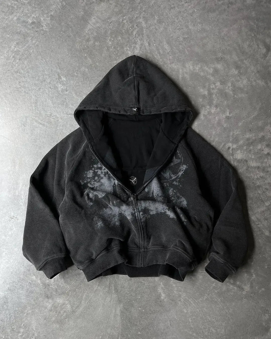 Texture splicing embroidery niche black hooded sweatshirt American retro high street fashion brand double zipper sweatshirt