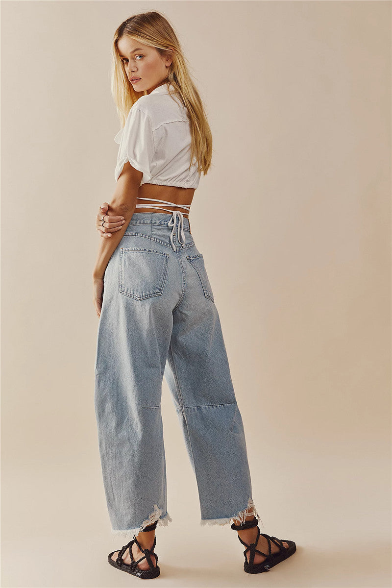 Women's Baggy Vintage Boyfriend Jeans Wide Leg Mid Rise Barrel Cropped Raw Hem Denim Ankle Pants Fashion Streetwear