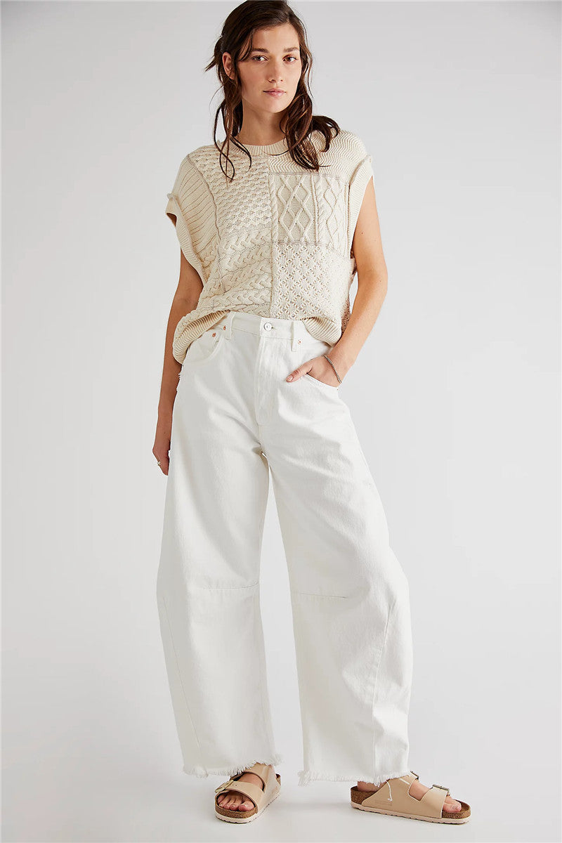 Women's Baggy Vintage Boyfriend Jeans Wide Leg Mid Rise Barrel Cropped Raw Hem Denim Ankle Pants Fashion Streetwear