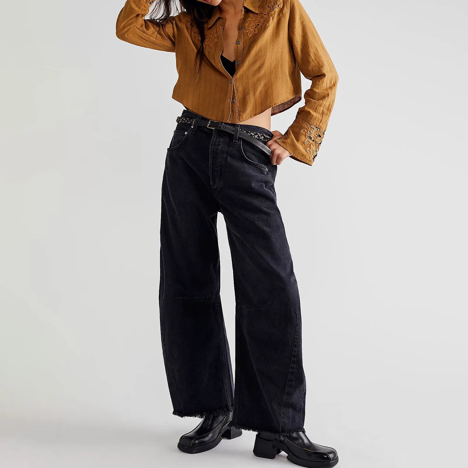 Women's Baggy Vintage Boyfriend Jeans Wide Leg Mid Rise Barrel Cropped Raw Hem Denim Ankle Pants Fashion Streetwear