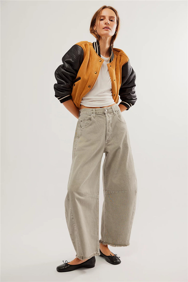 Women's Baggy Vintage Boyfriend Jeans Wide Leg Mid Rise Barrel Cropped Raw Hem Denim Ankle Pants Fashion Streetwear
