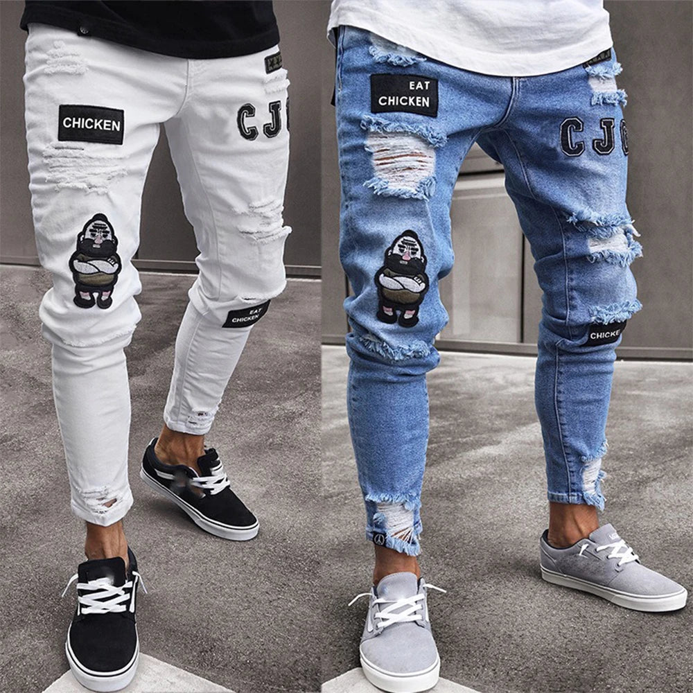 White Embroidery Skinny Ripped Jeans Men Cotton Stretchy Hole Slim Fit Hip Hop Denim Pants Casual Jeans for Men Jogging Trousers