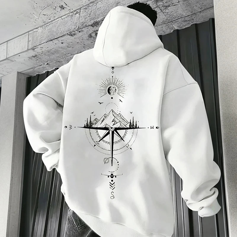 Vintage Compass Print Hoodies for Men High Quality Hooded Long Sleeve Pullover All Season Daily Casual Sports Tops Men's Clothes