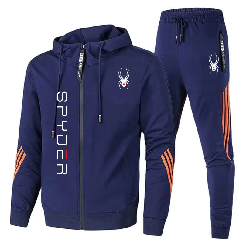 Autumn and winter men's fashion set, a two-piece set of long-sleeved zipper hooded pocket jacket and drawstring trousers