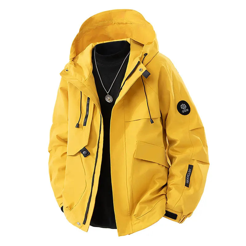 Men’s Hooded Outdoor Windbreaker Jacket Windproof Coats Warm Tactical Coat with Multi Pockets for Hiking Camping Travel Autumn