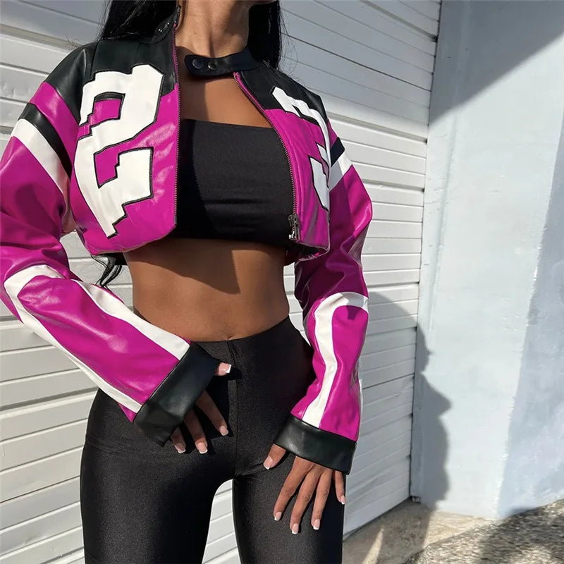 Women Crop Coat New Streetwear Fashion Letter Print Autumn Casual Sporty Wild Clothing Uniform Trend Female Faux Leather Jacket