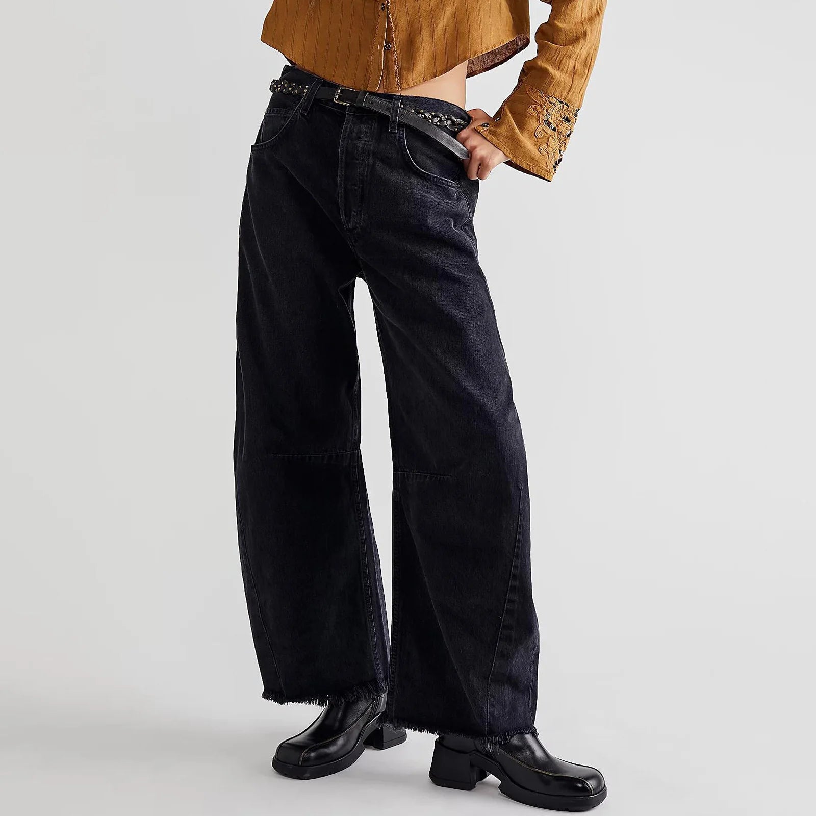 Women's Baggy Vintage Boyfriend Jeans Wide Leg Mid Rise Barrel Cropped Raw Hem Denim Ankle Pants Fashion Streetwear