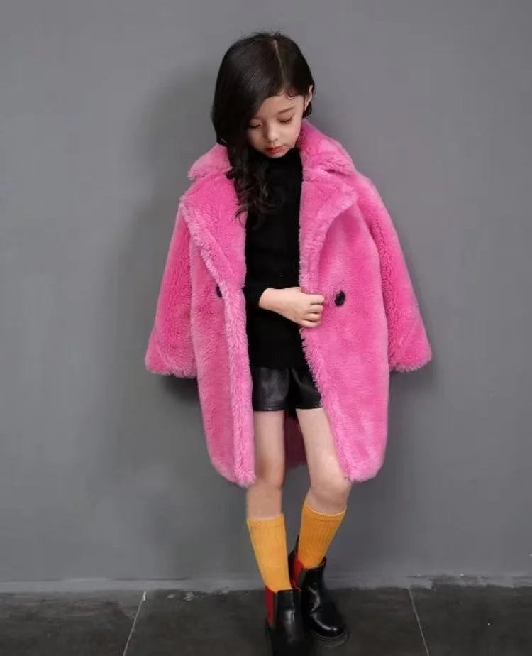 2025 New Winter Clothes for Girls Trench Coat Shorn Sheepskin Solid Color Long Overcoat Unisex Thicken Fur Turn Down Coolar