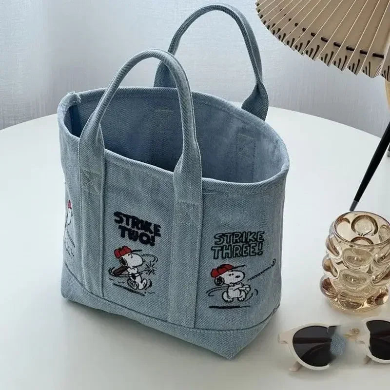 Snoopy Cute Kawaii Embroidered Canvas Mom Bag Lunch Office Bag Girls Student Outing Large Capacity Cartoon Print Handbag