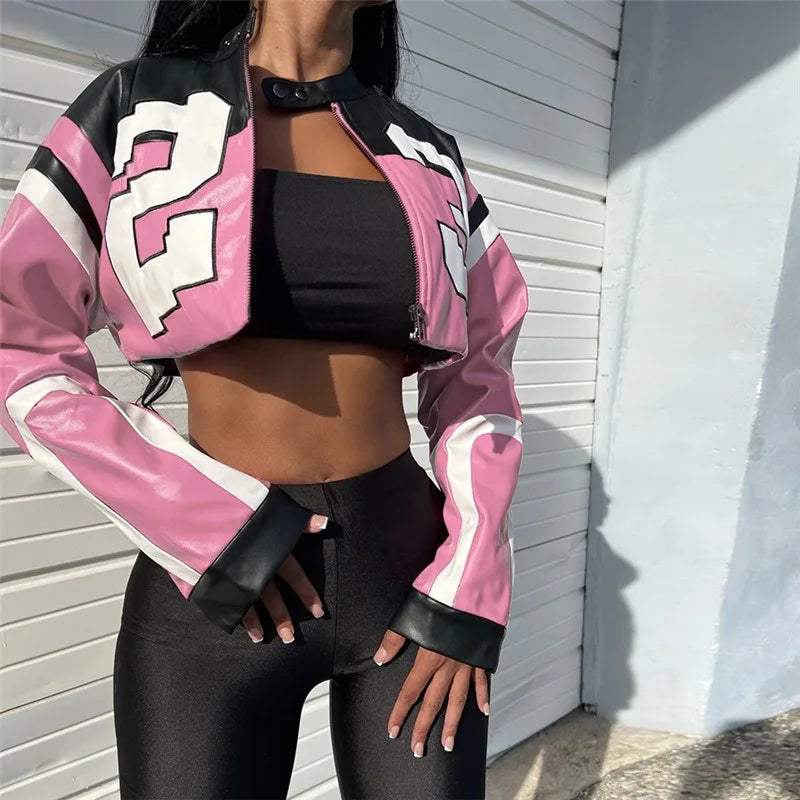 Women Crop Coat New Streetwear Fashion Letter Print Autumn Casual Sporty Wild Clothing Uniform Trend Female Faux Leather Jacket