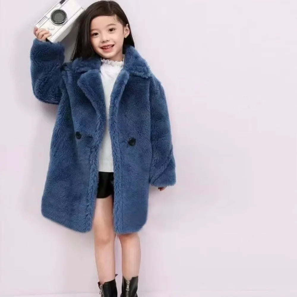 2025 New Winter Clothes for Girls Trench Coat Shorn Sheepskin Solid Color Long Overcoat Unisex Thicken Fur Turn Down Coolar