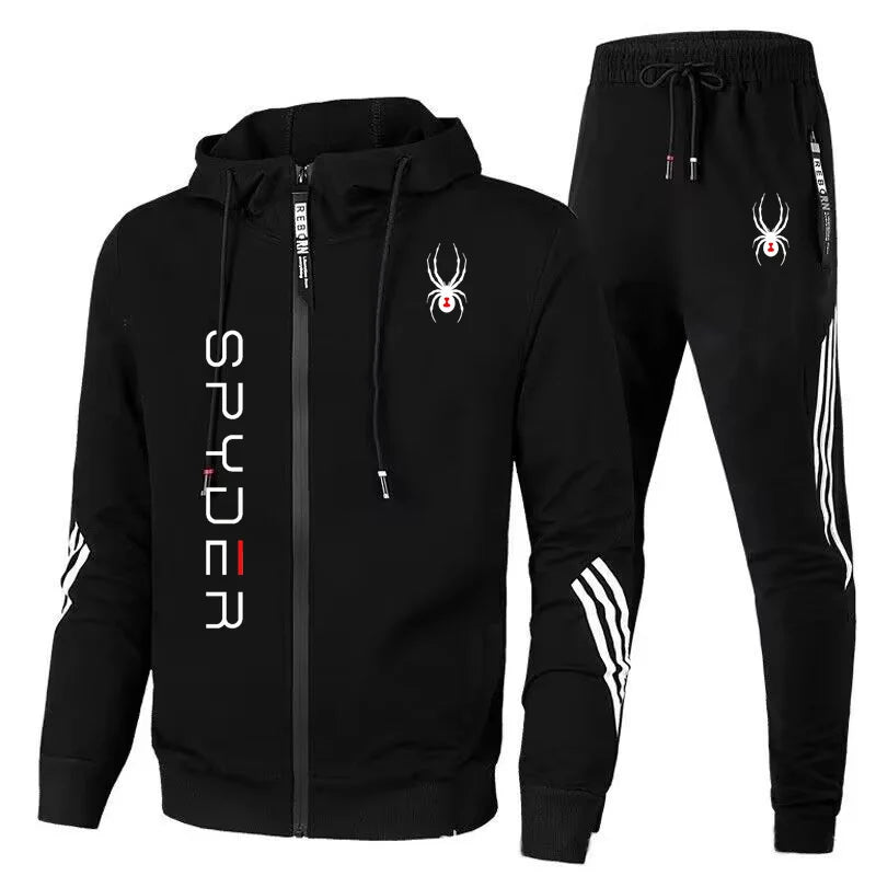 Autumn and winter men's fashion set, a two-piece set of long-sleeved zipper hooded pocket jacket and drawstring trousers