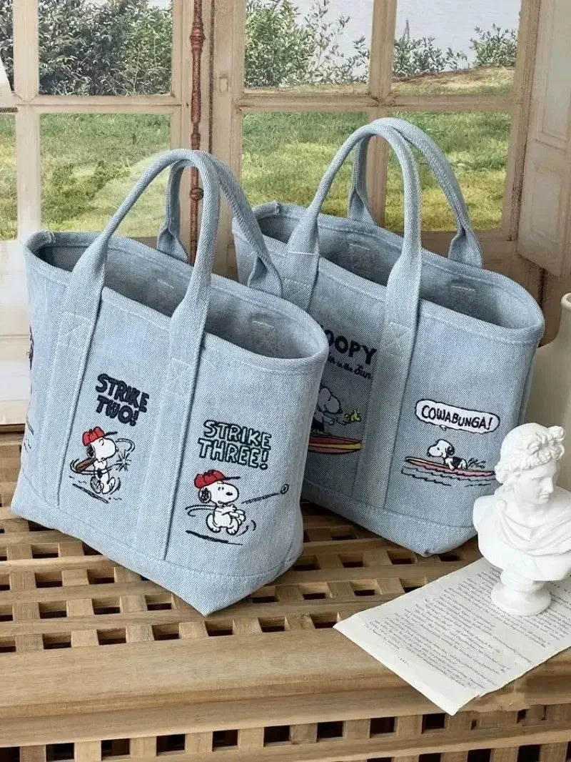 Snoopy Cute Kawaii Embroidered Canvas Mom Bag Lunch Office Bag Girls Student Outing Large Capacity Cartoon Print Handbag