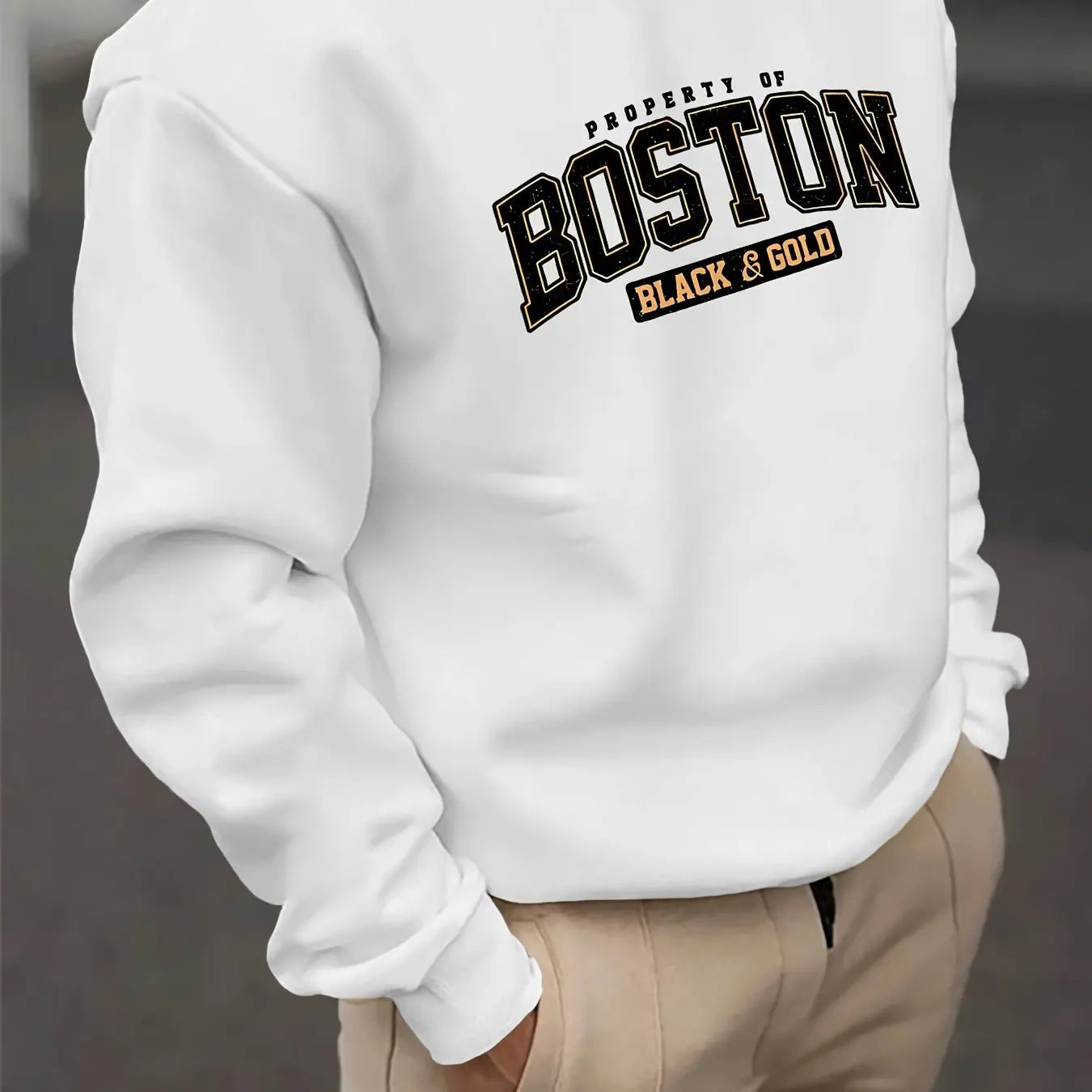 Men's autumn and winter fashionable casual loose Boston black golden letter graphic fleece long sleeved round neck sweatshirt