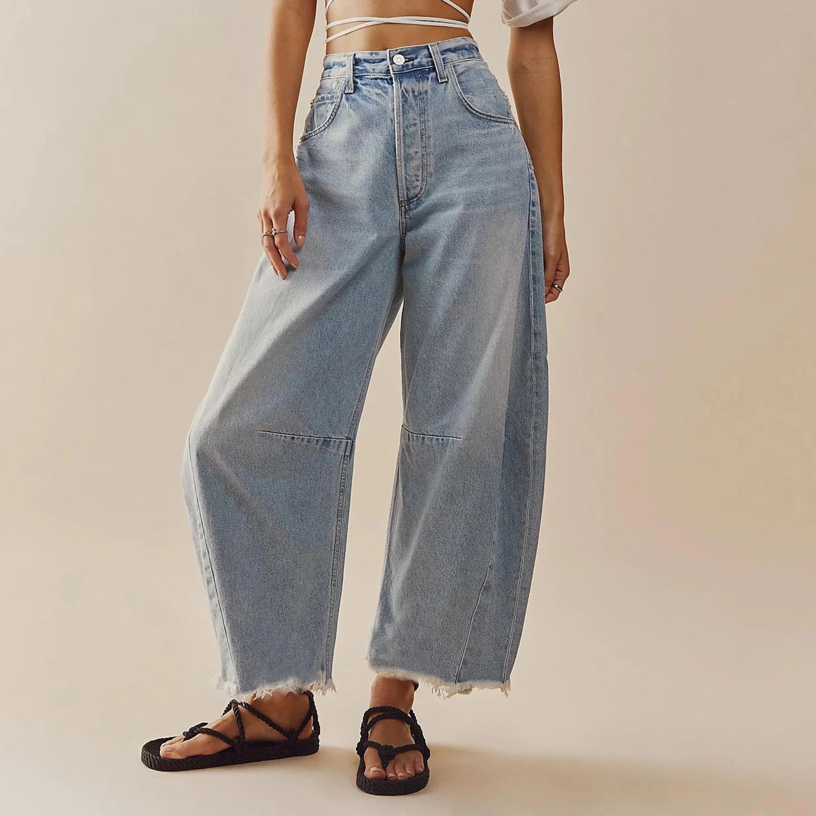 Women's Baggy Vintage Boyfriend Jeans Wide Leg Mid Rise Barrel Cropped Raw Hem Denim Ankle Pants Fashion Streetwear