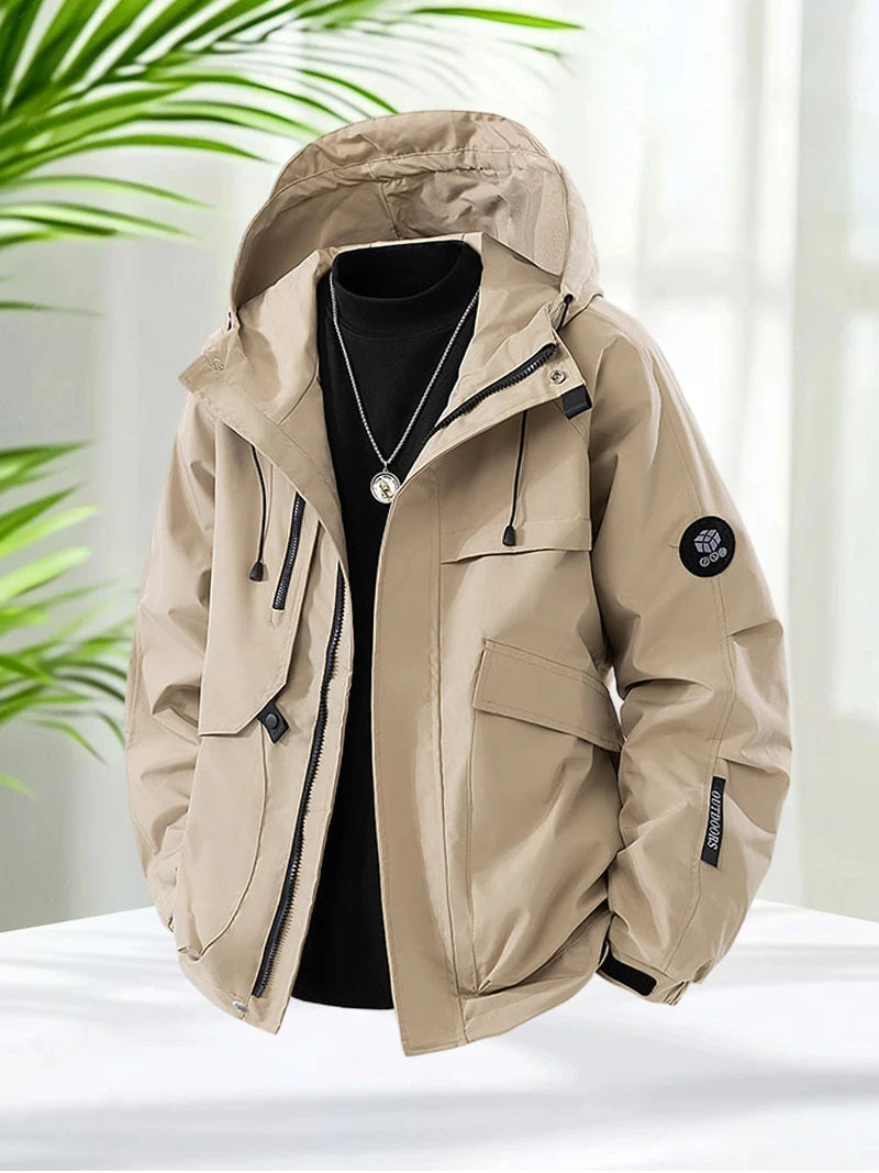 Men’s Hooded Outdoor Windbreaker Jacket Windproof Coats Warm Tactical Coat with Multi Pockets for Hiking Camping Travel Autumn