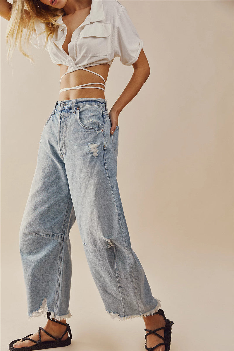 Women's Baggy Vintage Boyfriend Jeans Wide Leg Mid Rise Barrel Cropped Raw Hem Denim Ankle Pants Fashion Streetwear