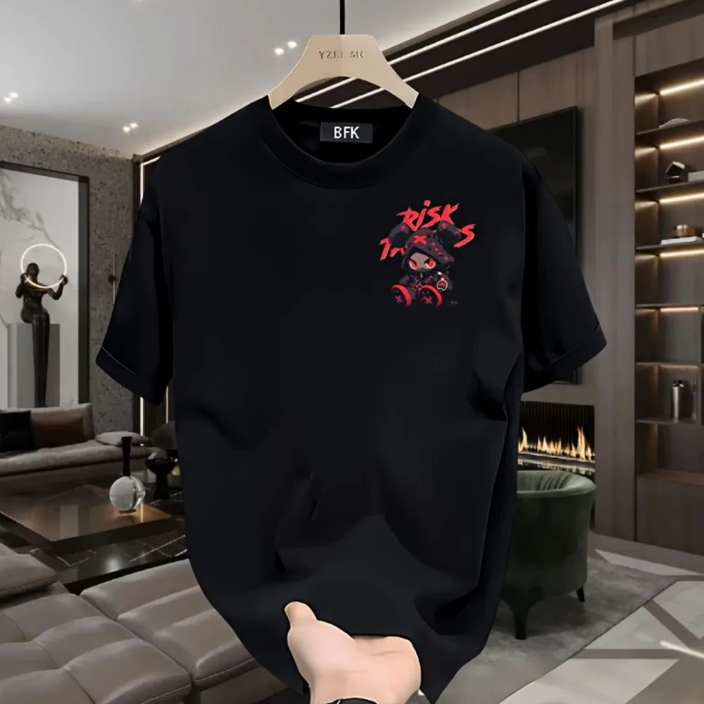 Hot selling men's high street cartoon printed polyester micro elastic breathable round neck T-shirt outdoor urban fashion top