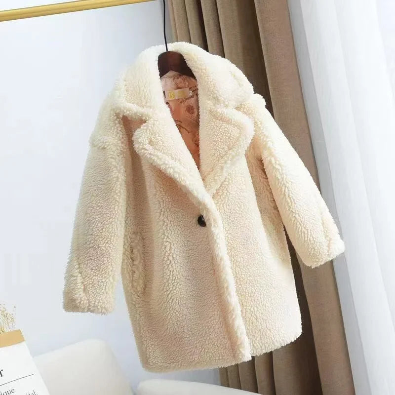 2025 New Winter Clothes for Girls Trench Coat Shorn Sheepskin Solid Color Long Overcoat Unisex Thicken Fur Turn Down Coolar