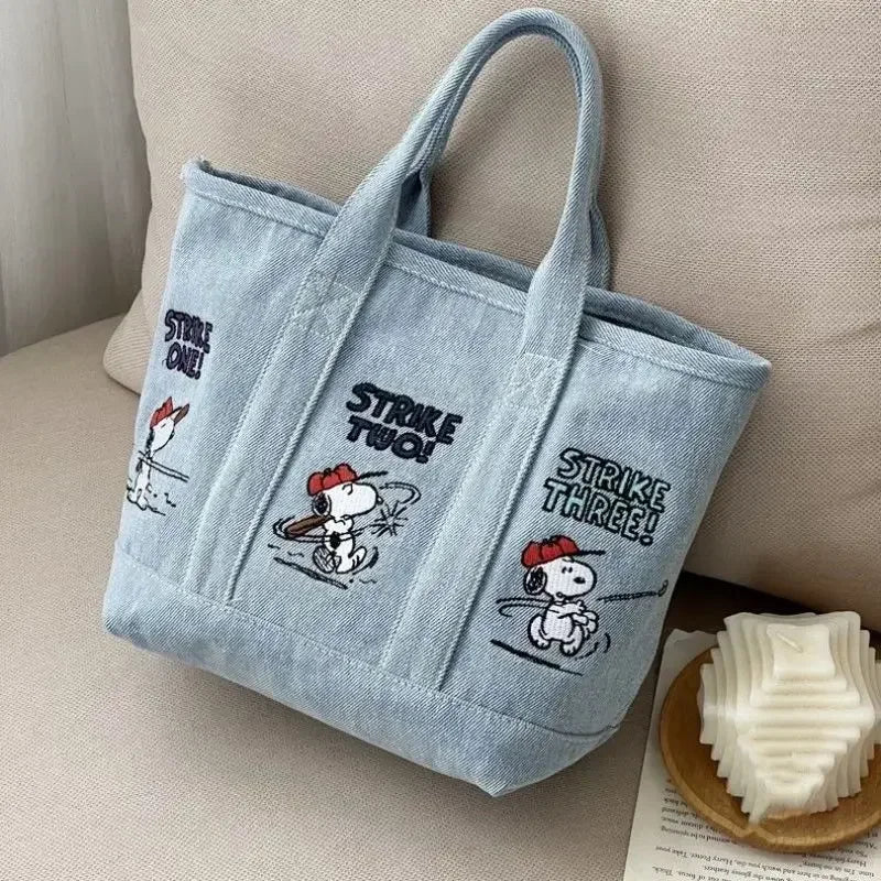 Snoopy Cute Kawaii Embroidered Canvas Mom Bag Lunch Office Bag Girls Student Outing Large Capacity Cartoon Print Handbag